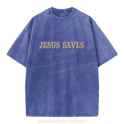 Jesus Saves Christian Puff Printed Washed T-Shirt