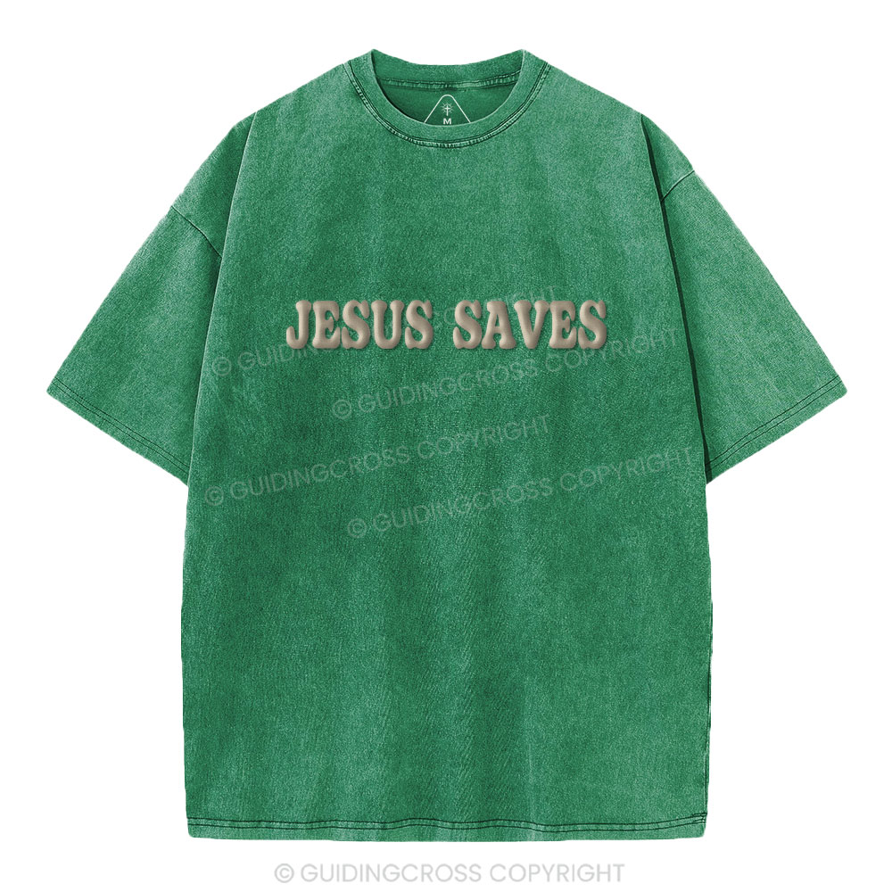 Jesus Saves Christian Puff Printed Washed T-Shirt