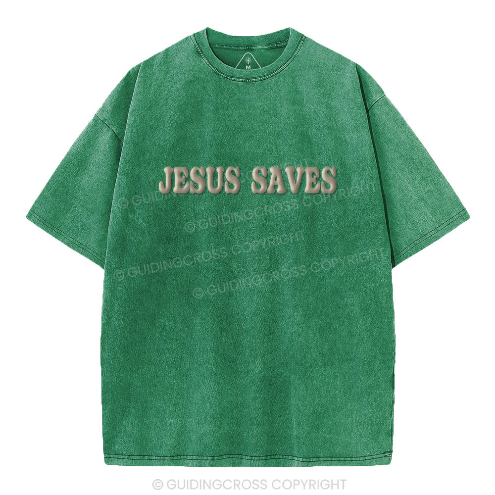 Jesus Saves Christian Puff Printed Washed T-Shirt