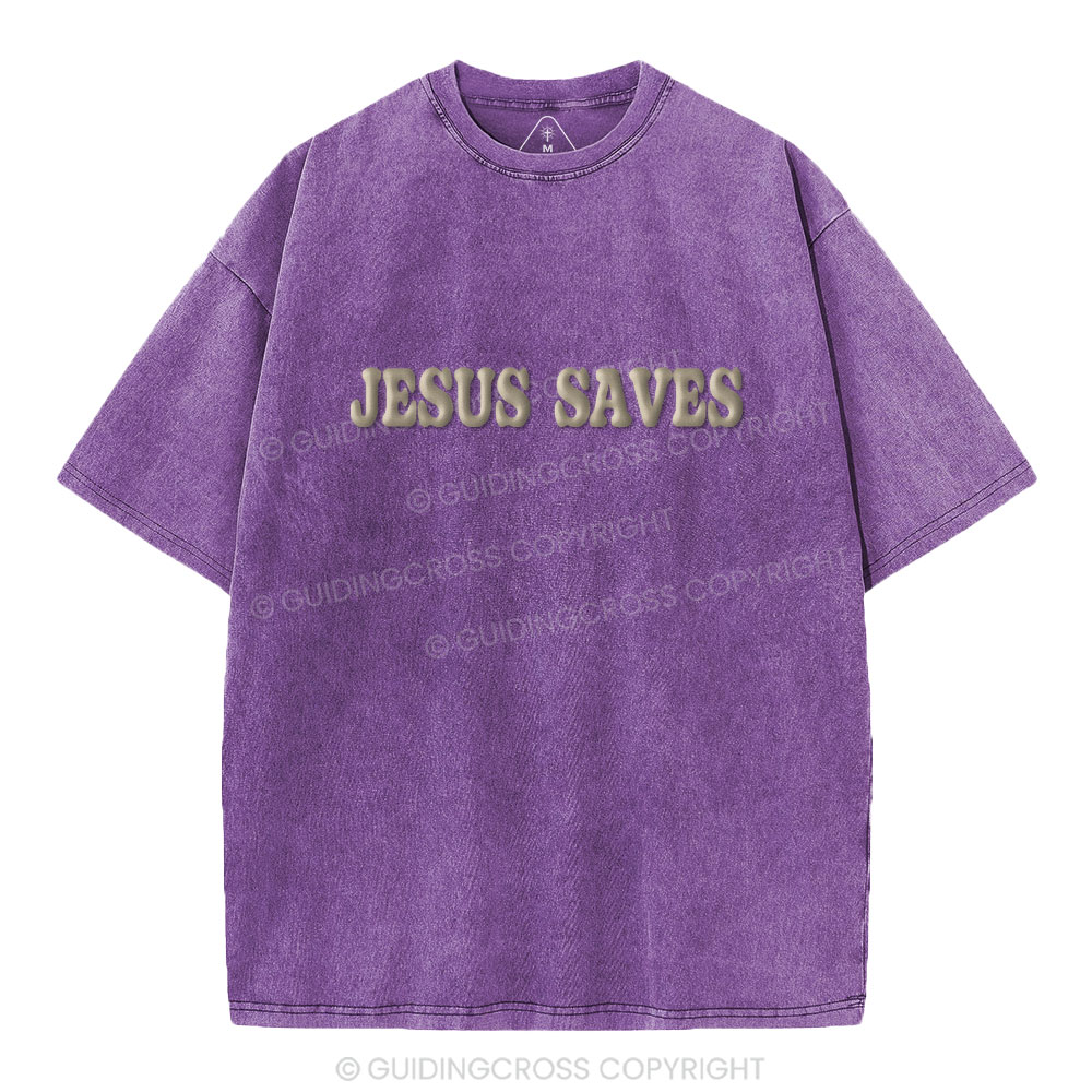 Jesus Saves Christian Puff Printed Washed T-Shirt
