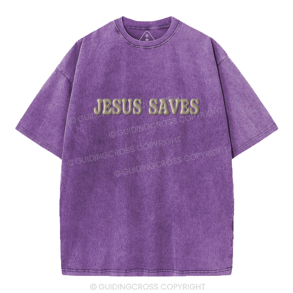 Jesus Saves Christian Puff Printed Washed T-Shirt
