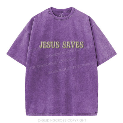 Jesus Saves Christian Puff Printed Washed T-Shirt