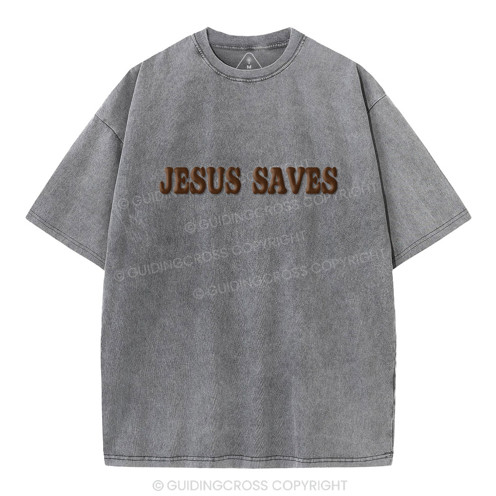 Jesus Saves Christian Puff Printed Washed T-Shirt