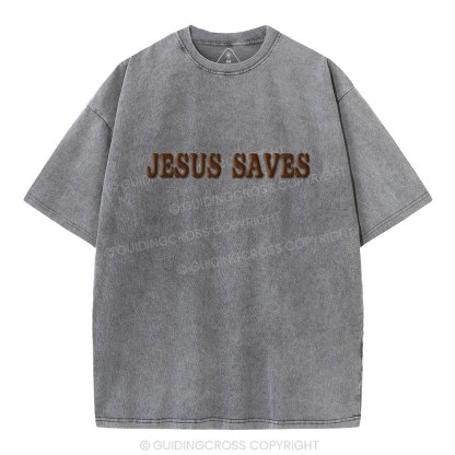 Jesus Saves Christian Puff Printed Washed T-Shirt