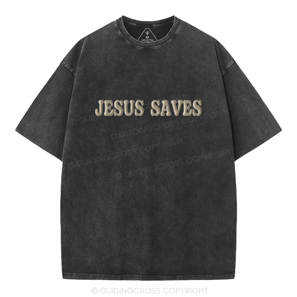 Jesus Saves Christian Puff Printed Washed T-Shirt