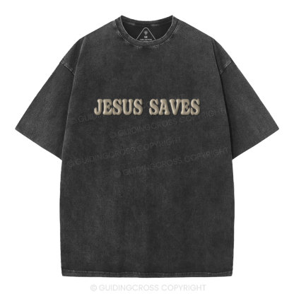 Jesus Saves Christian Puff Printed Washed T-Shirt