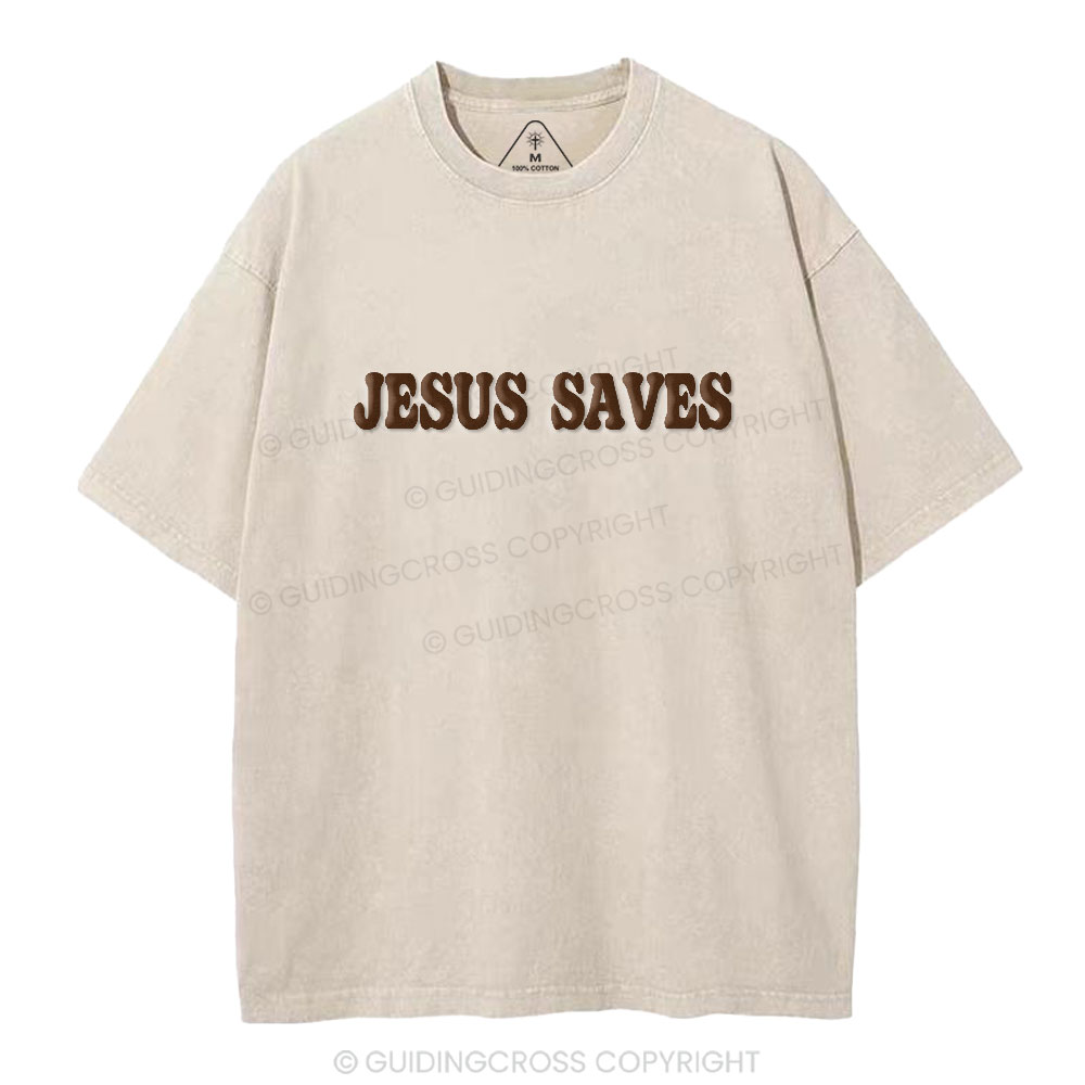 Jesus Saves Christian Puff Printed Washed T-Shirt