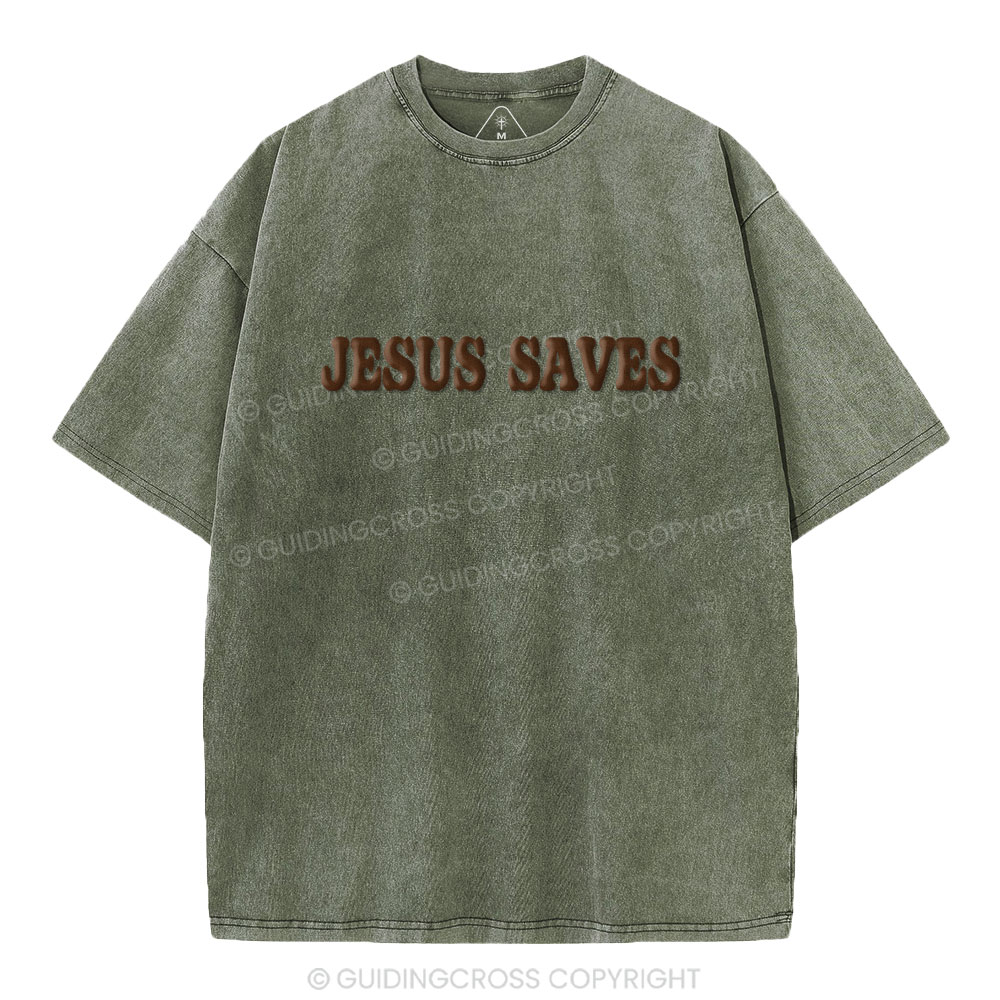 Jesus Saves Christian Puff Printed Washed T-Shirt