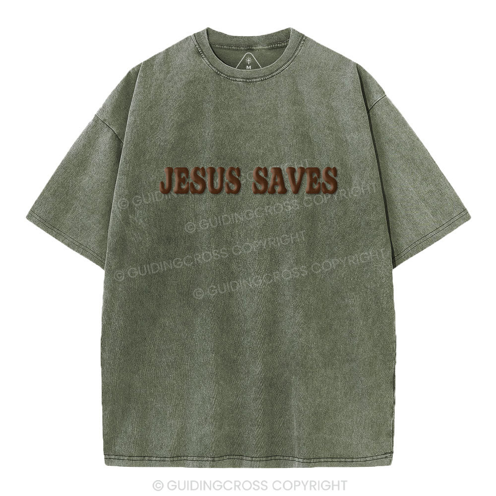 Jesus Saves Christian Puff Printed Washed T-Shirt