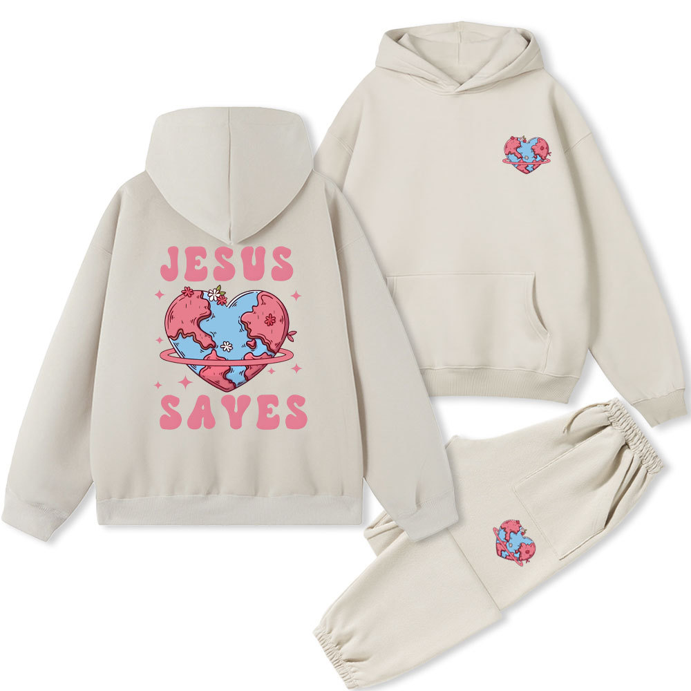 Jesus Saves Christian Washed Fleece Hoodie Set