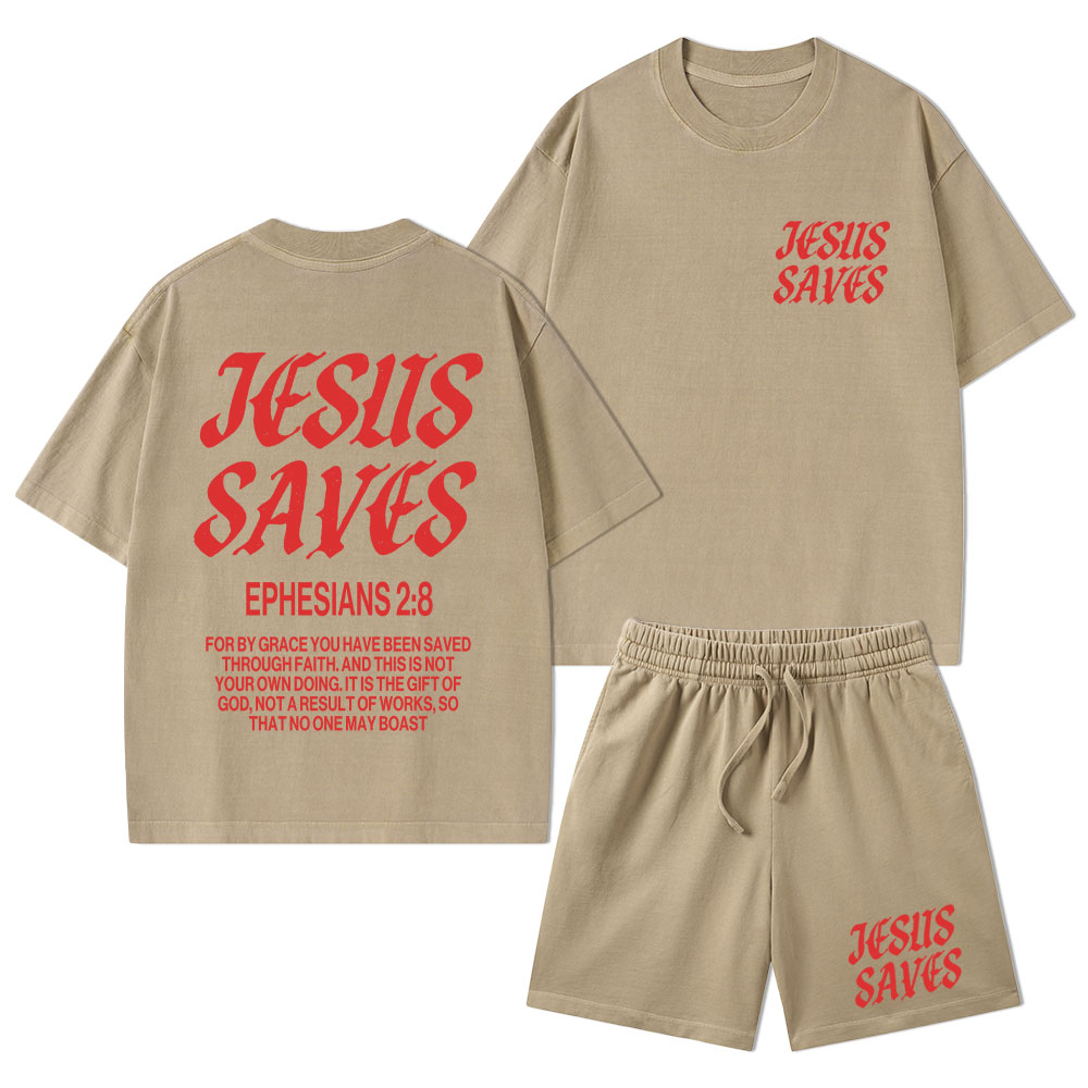 Jesus Saves Christian Washed T-Shirt & Shorts