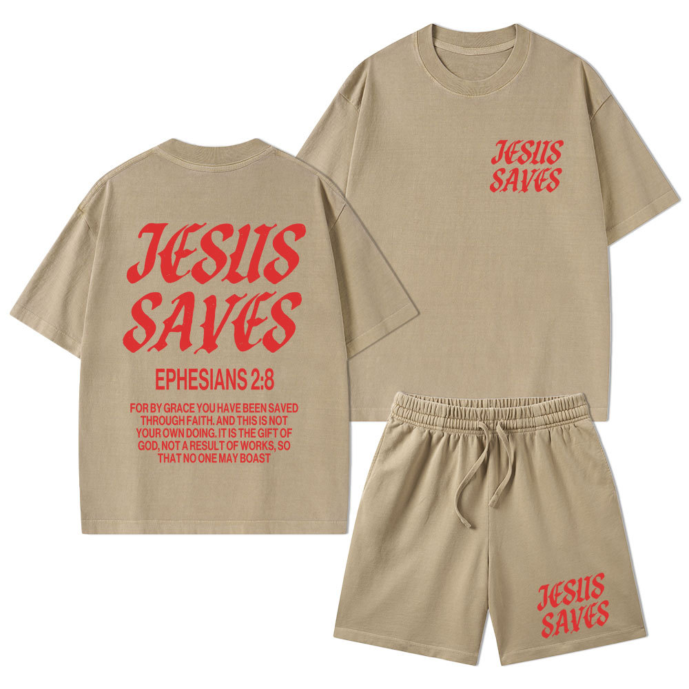 Jesus Saves Christian Washed T-Shirt & Shorts