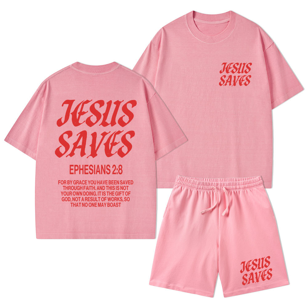 Jesus Saves Christian Washed T-Shirt & Shorts