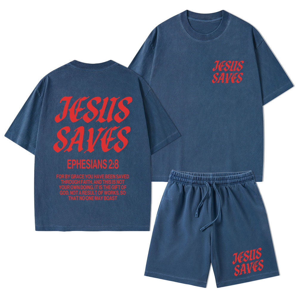 Jesus Saves Christian Washed T-Shirt & Shorts