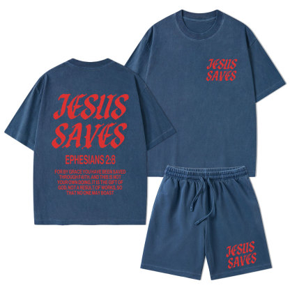 Jesus Saves Christian Washed T-Shirt & Shorts