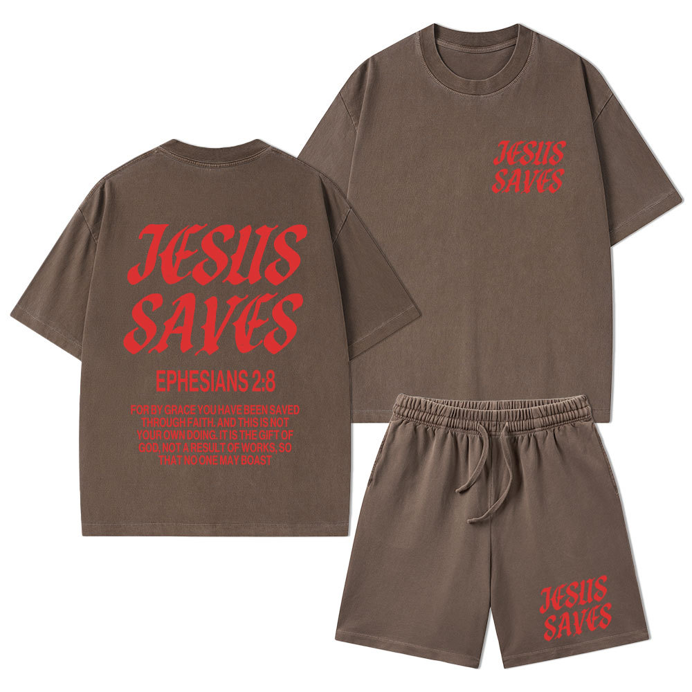 Jesus Saves Christian Washed T-Shirt & Shorts