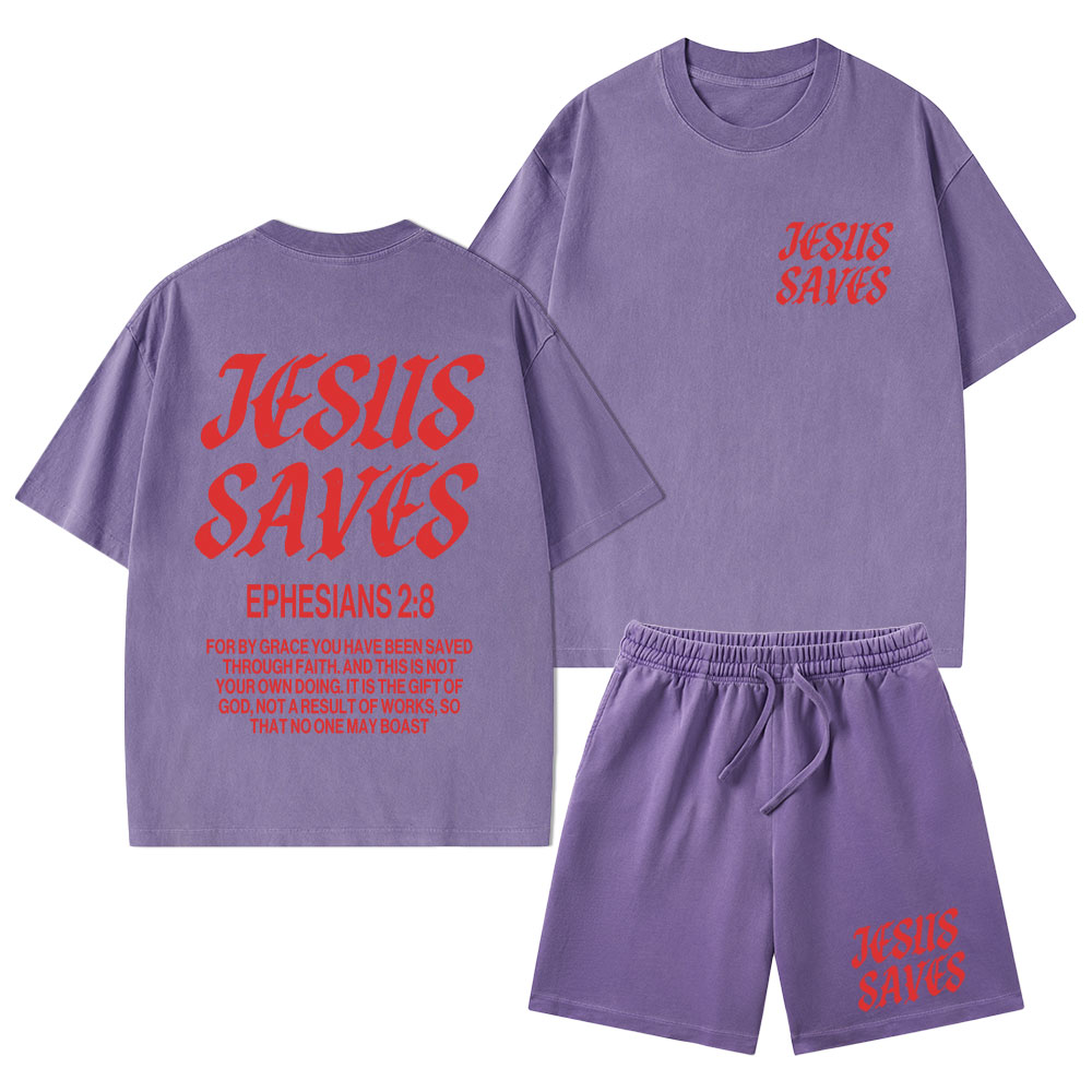 Jesus Saves Christian Washed T-Shirt & Shorts