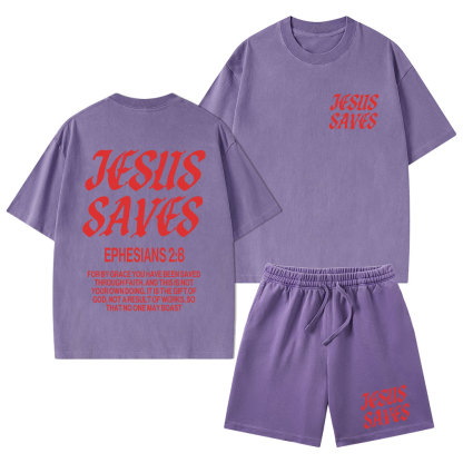 Jesus Saves Christian Washed T-Shirt & Shorts