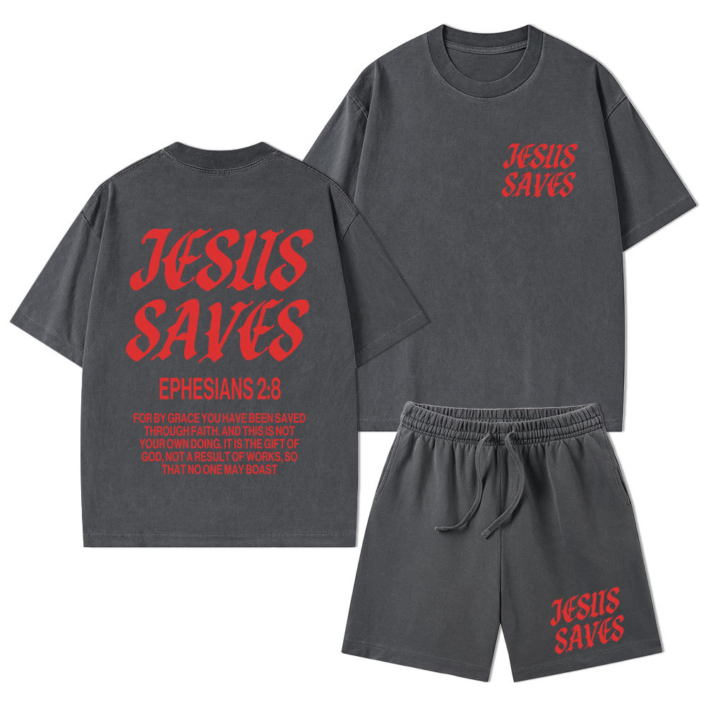 Jesus Saves Christian Washed T-Shirt & Shorts