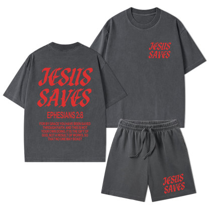 Jesus Saves Christian Washed T-Shirt & Shorts