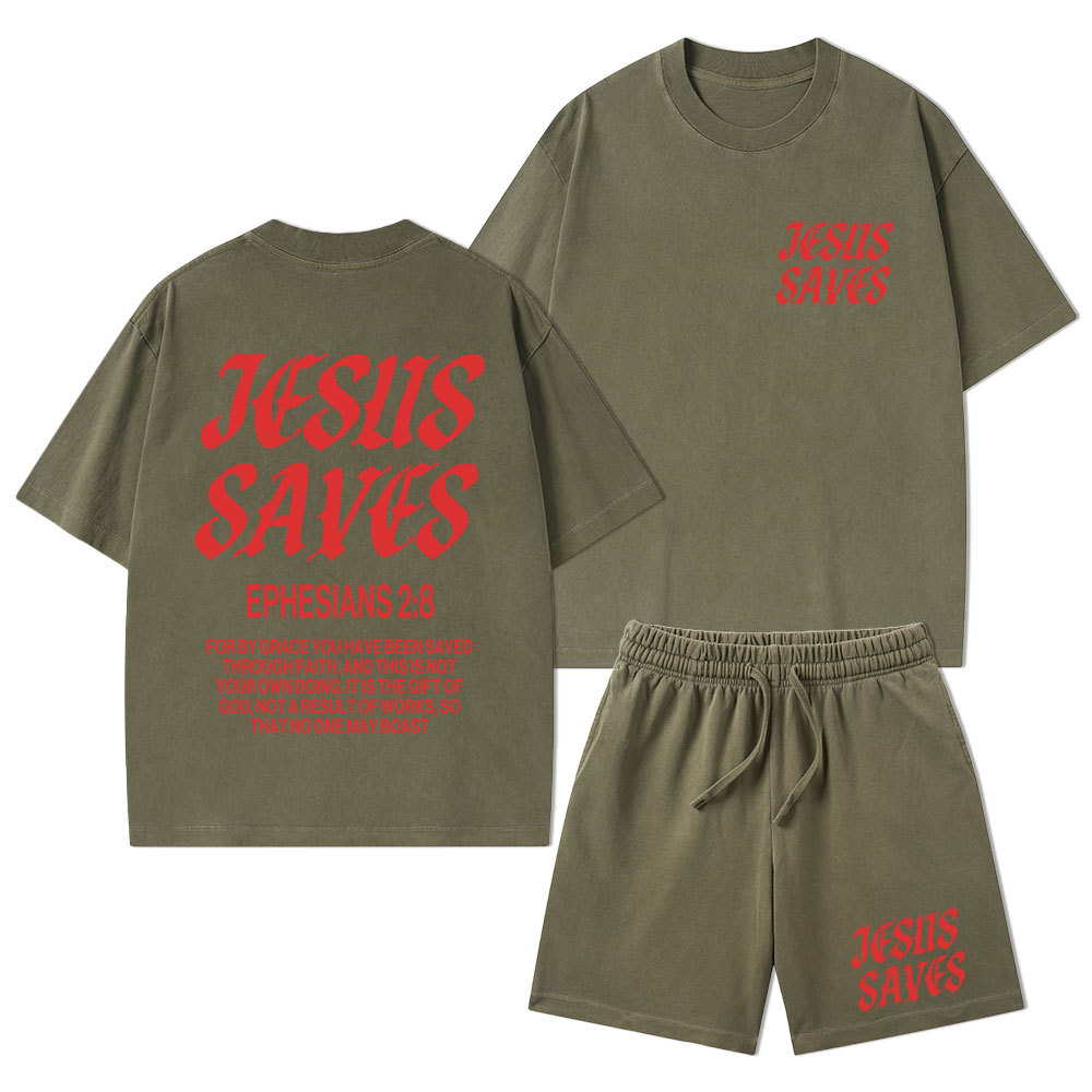 Jesus Saves Christian Washed T-Shirt & Shorts