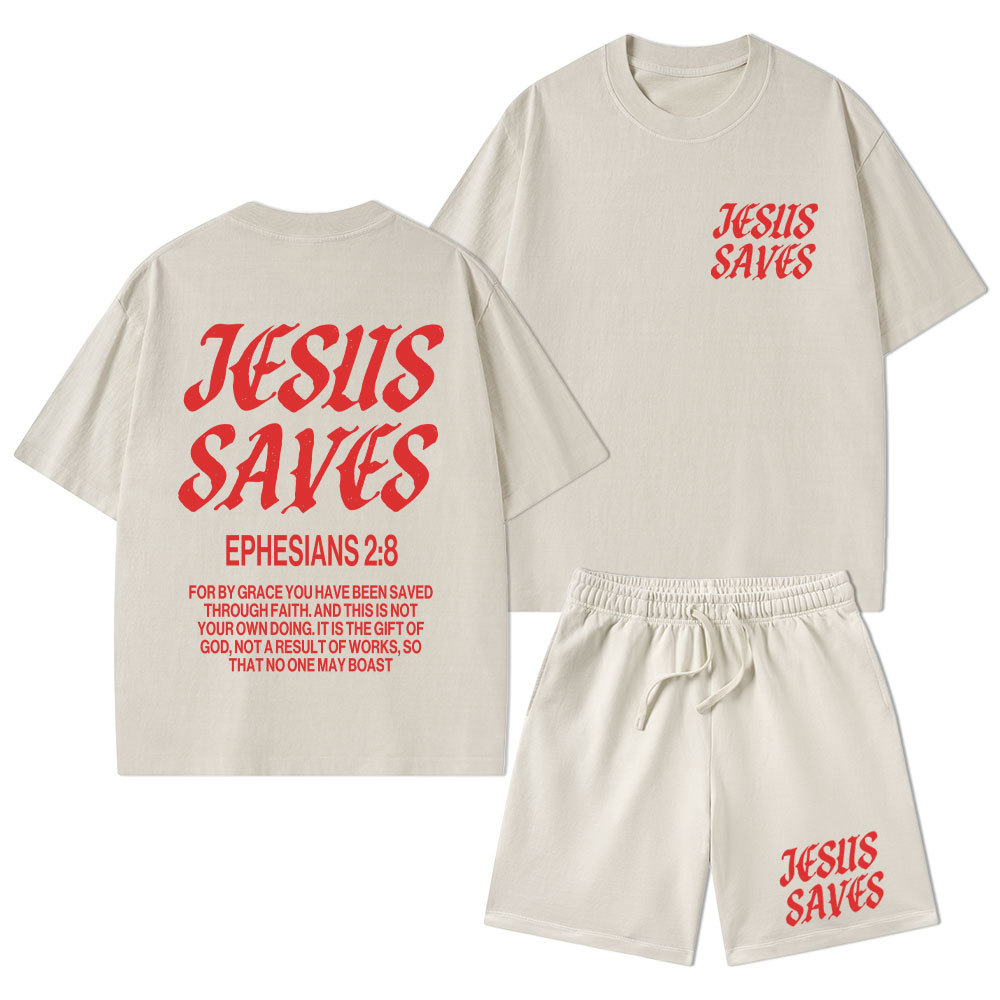 Jesus Saves Christian Washed T-Shirt & Shorts
