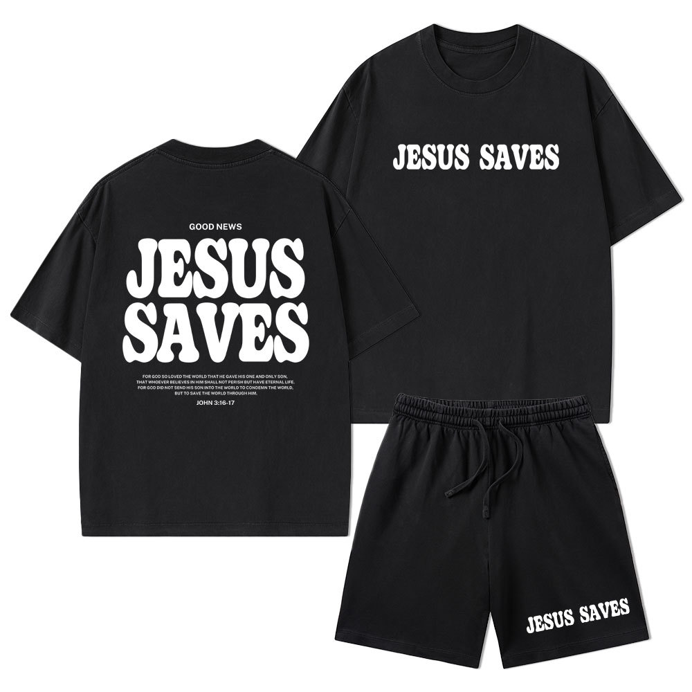 Jesus Saves Christian Washed T-Shirt & Shorts