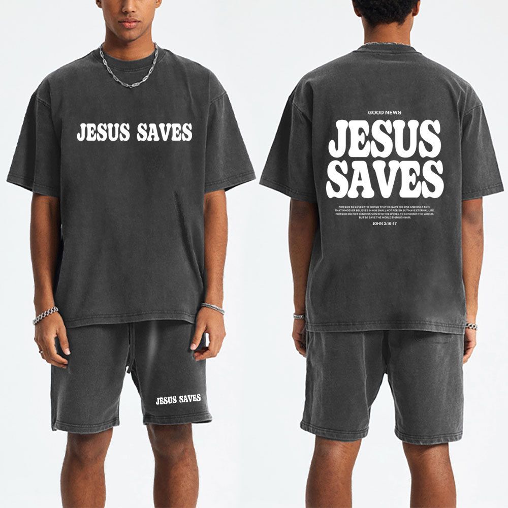 Jesus Saves Christian Washed T-Shirt & Shorts