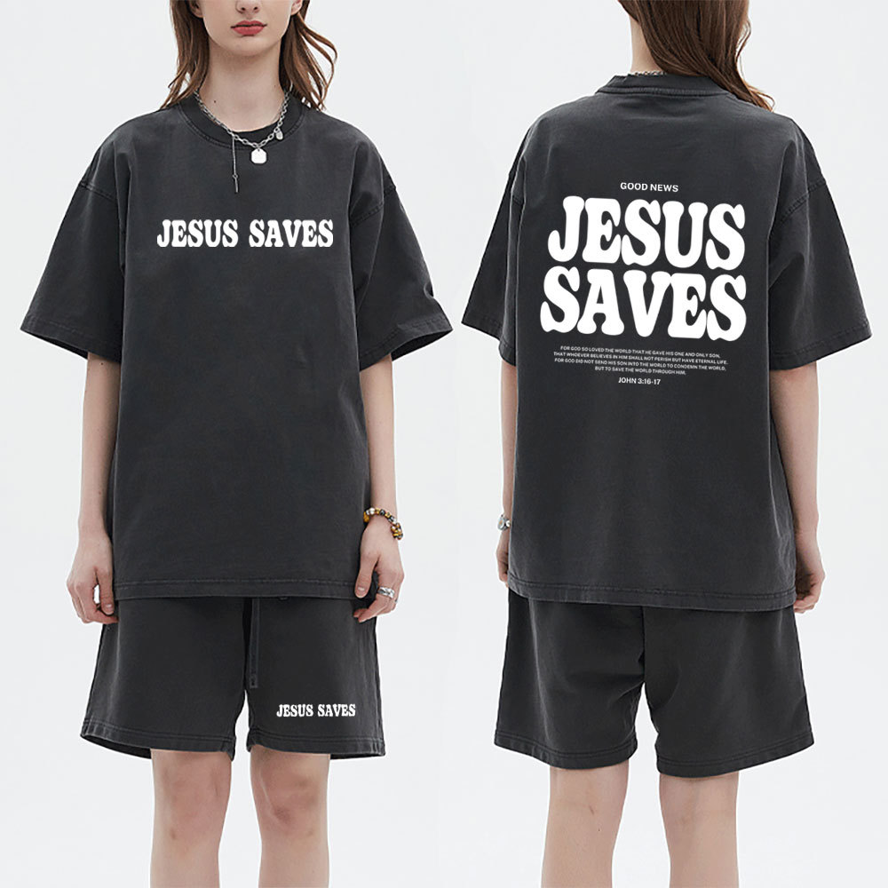 Jesus Saves Christian Washed T-Shirt & Shorts