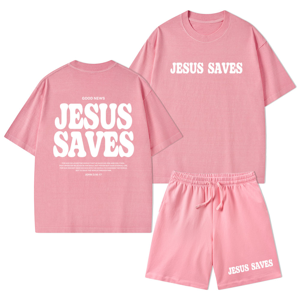 Jesus Saves Christian Washed T-Shirt & Shorts