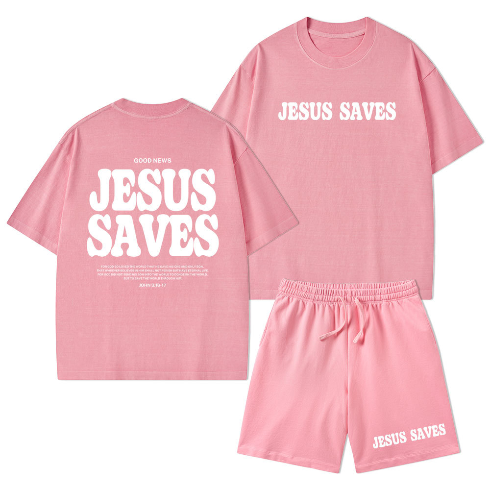 Jesus Saves Christian Washed T-Shirt & Shorts
