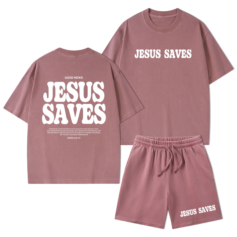 Jesus Saves Christian Washed T-Shirt & Shorts