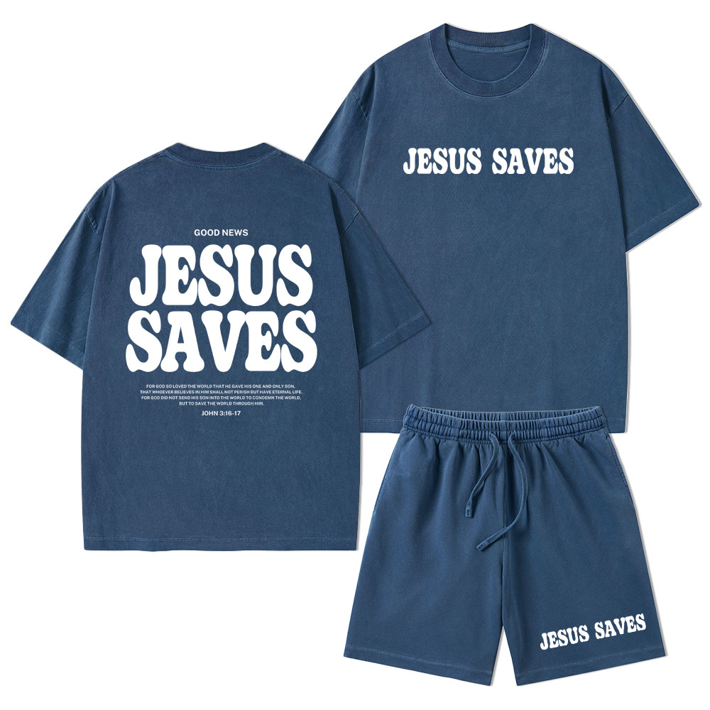 Jesus Saves Christian Washed T-Shirt & Shorts