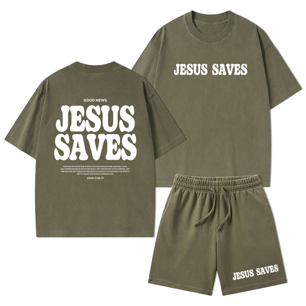 Jesus Saves Christian Washed T-Shirt & Shorts