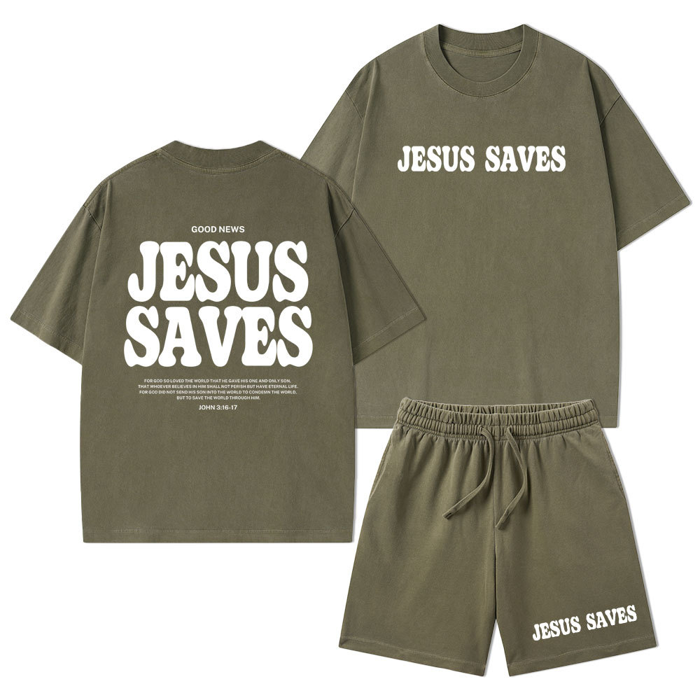 Jesus Saves Christian Washed T-Shirt & Shorts