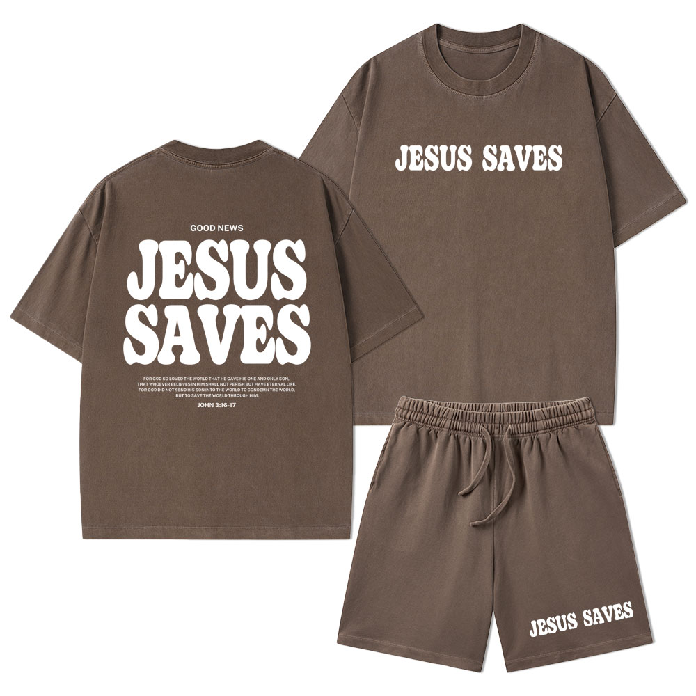 Jesus Saves Christian Washed T-Shirt & Shorts