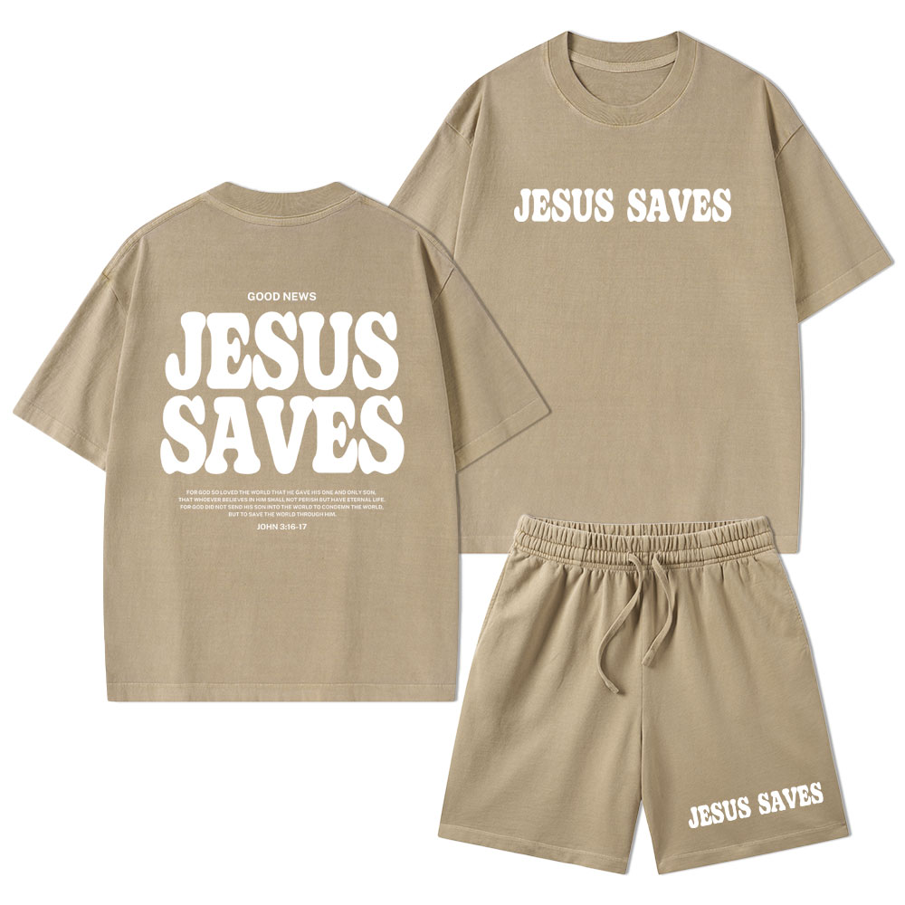 Jesus Saves Christian Washed T-Shirt & Shorts