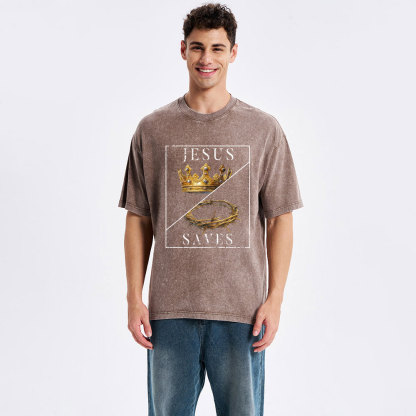 Jesus Saves Crown Christian Washed T-Shirt