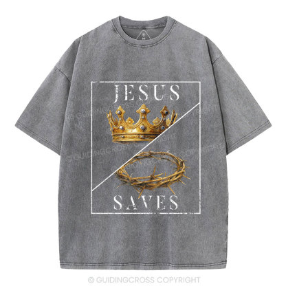 Jesus Saves Crown Christian Washed T-Shirt