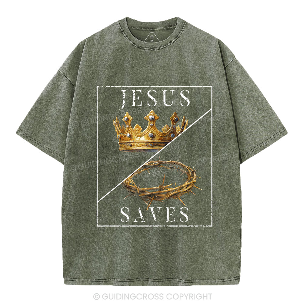 Jesus Saves Crown Christian Washed T-Shirt