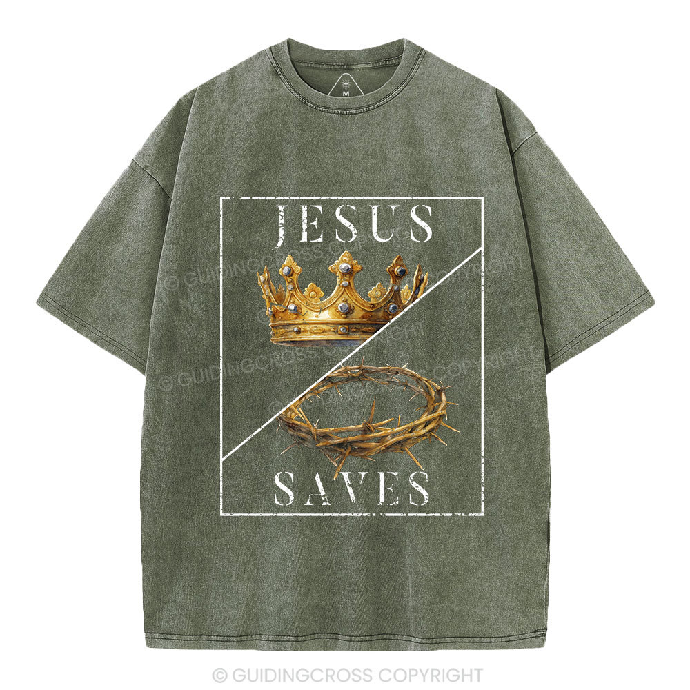 Jesus Saves Crown Christian Washed T-Shirt