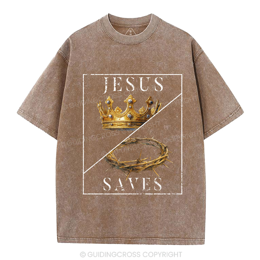 Jesus Saves Crown Christian Washed T-Shirt