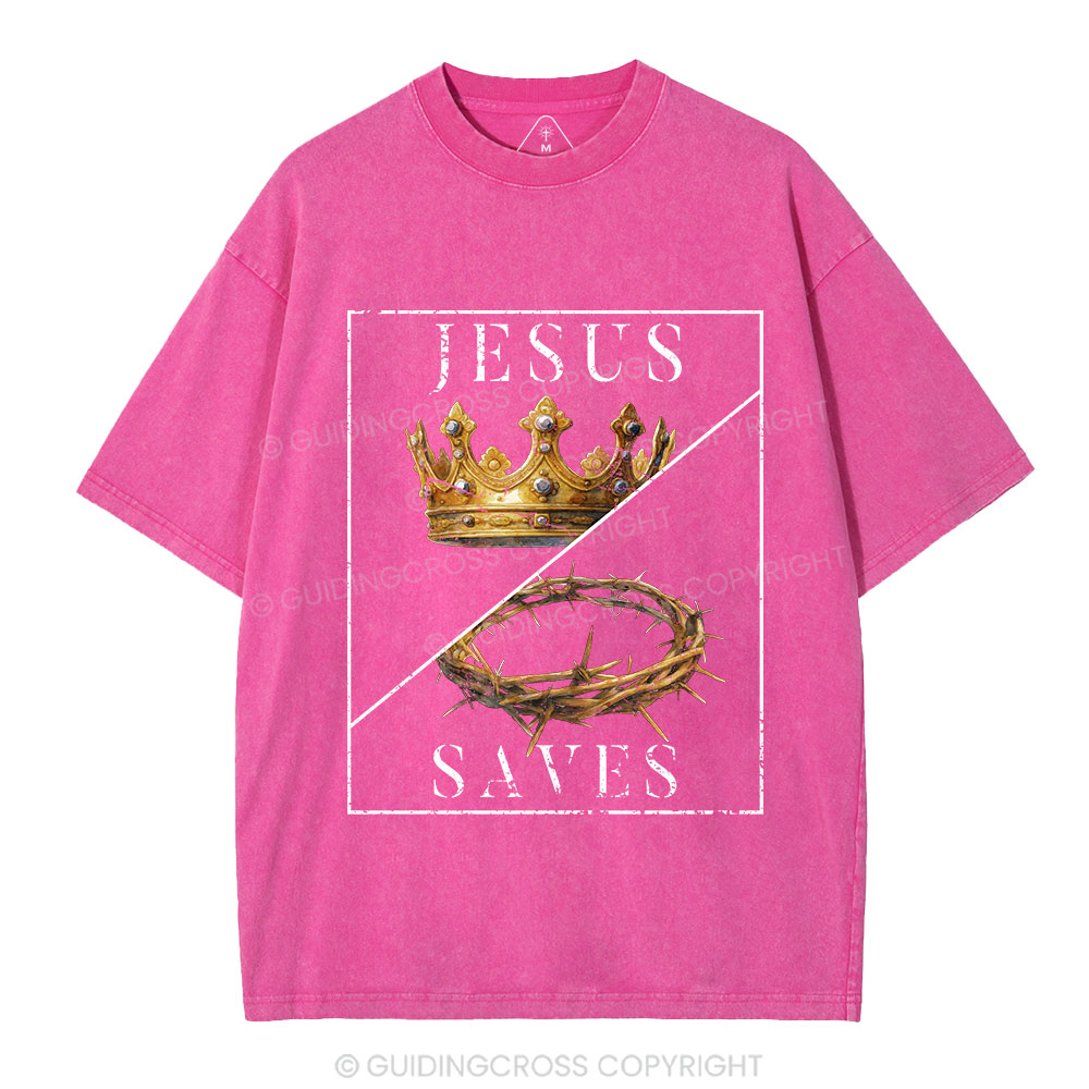 Jesus Saves Crown Christian Washed T-Shirt