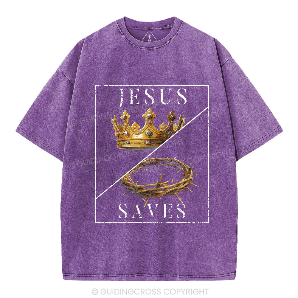 Jesus Saves Crown Christian Washed T-Shirt