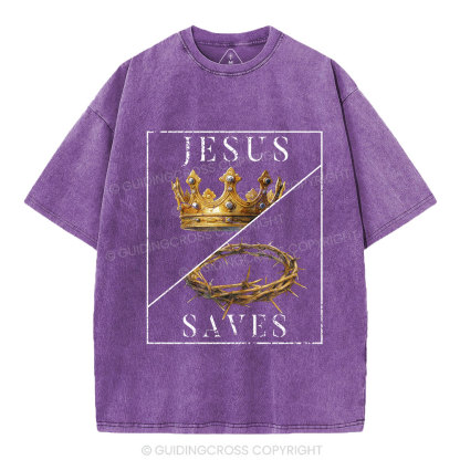 Jesus Saves Crown Christian Washed T-Shirt