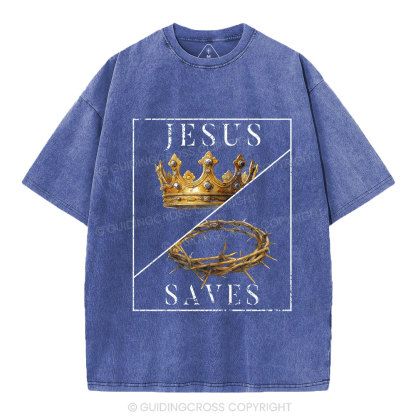 Jesus Saves Crown Christian Washed T-Shirt