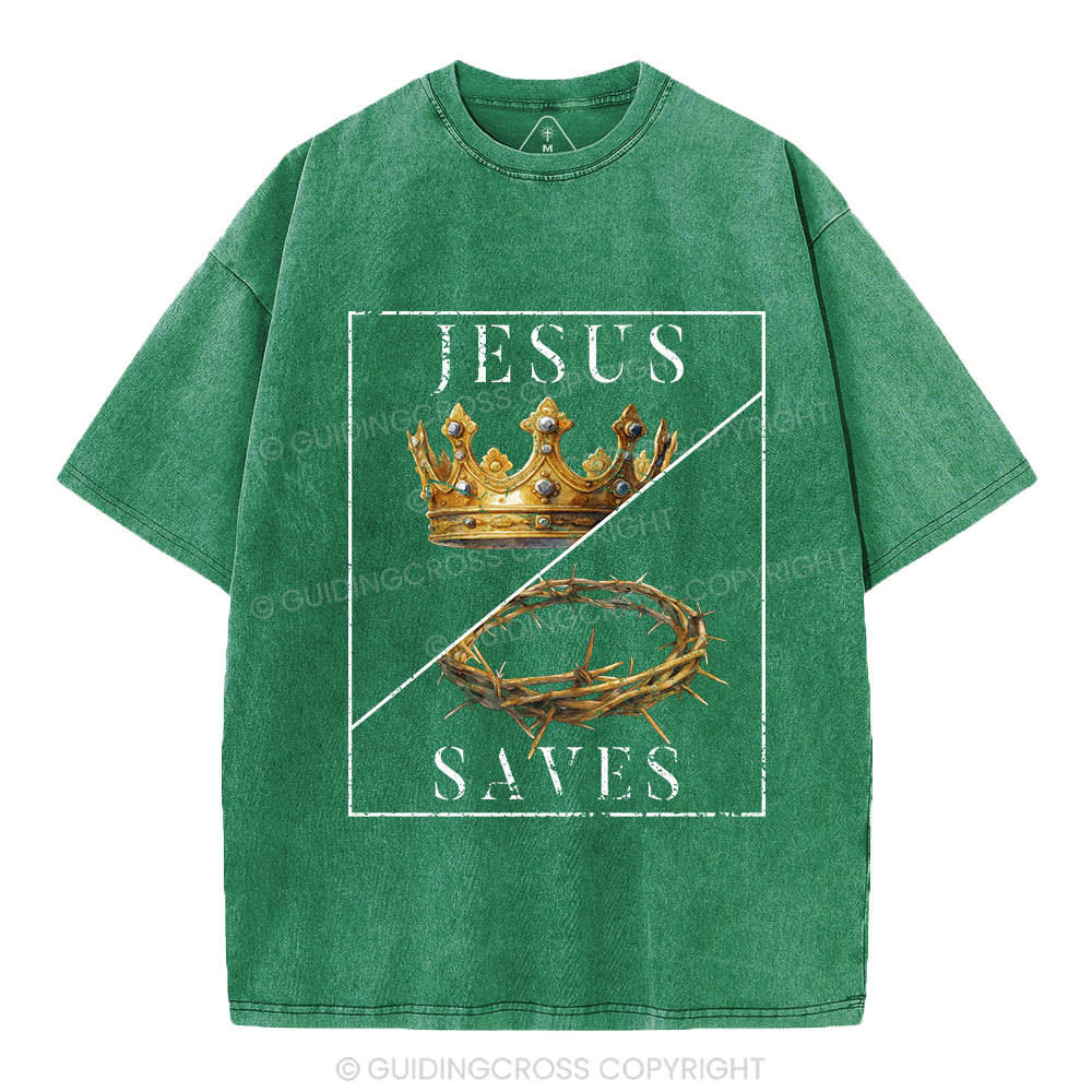 Jesus Saves Crown Christian Washed T-Shirt