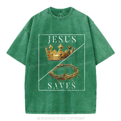 Jesus Saves Crown Christian Washed T-Shirt