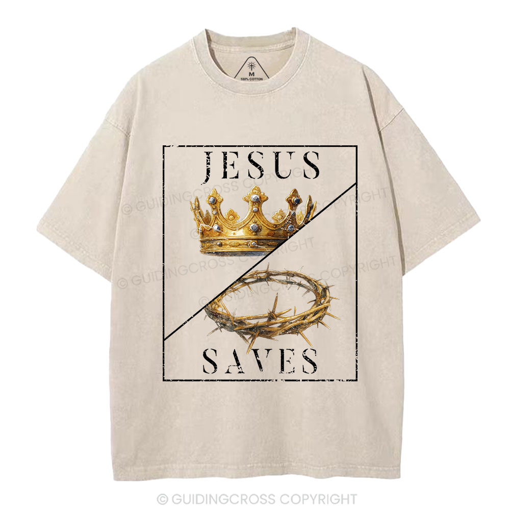 Jesus Saves Crown Christian Washed T-Shirt