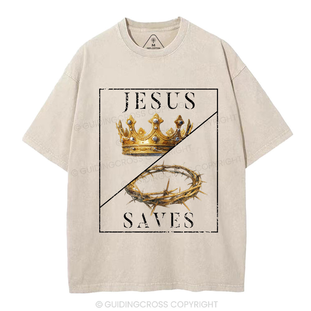 Jesus Saves Crown Christian Washed T-Shirt